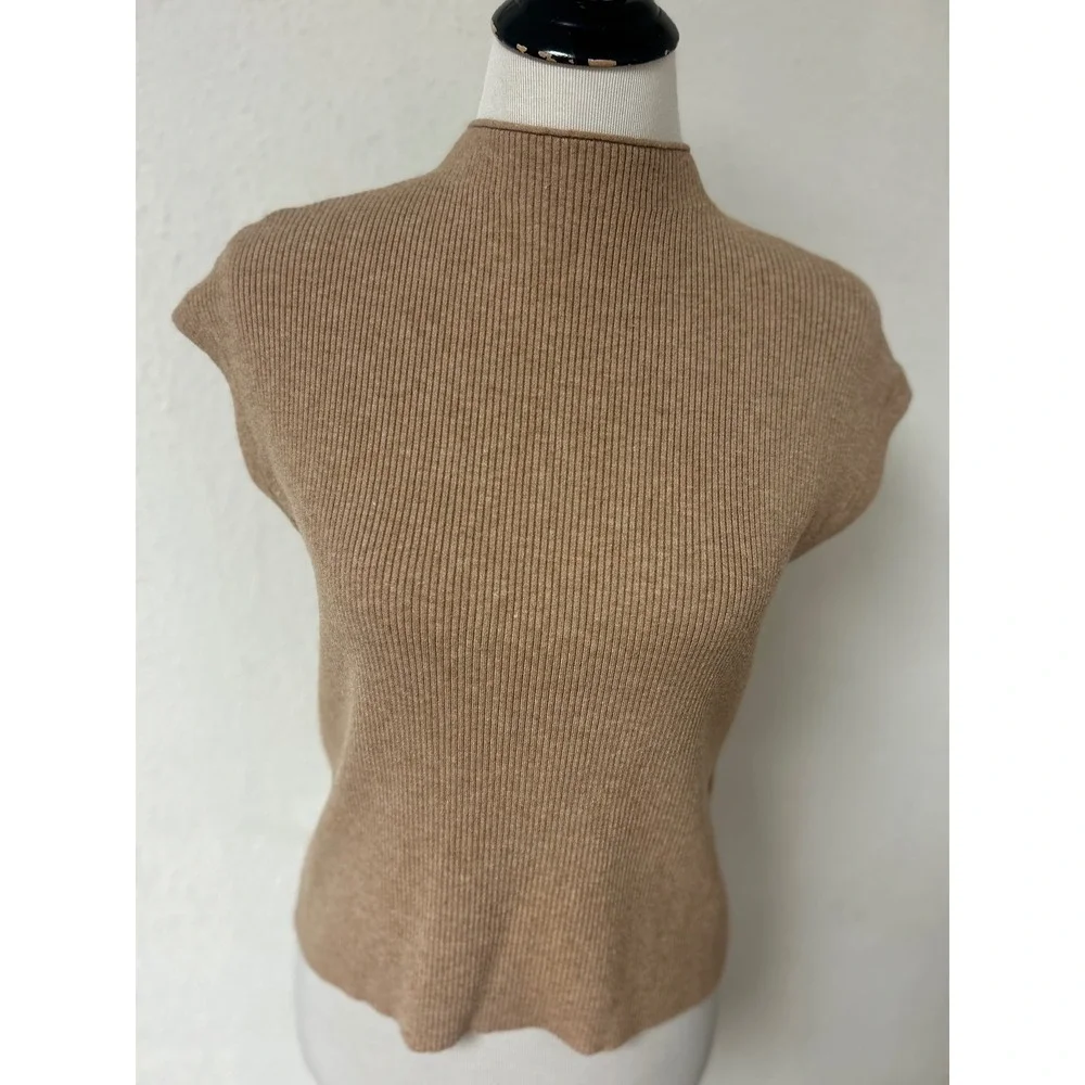 Vila Milano Tan Ribbed Mock Neck Sweater Vest Sleeveless Knit Top Small